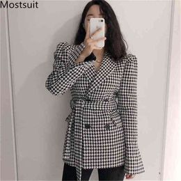 Houndstooth Korean Belt Woolen Coats Jackets Women Puff Sleeve Notched Collar Double-breasted Elegant Vintage Female Outwear Top 210513