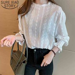 Spring Long Sleeve Blouse Blusas Mujer De Moda Women Embroidery Lace Shirt Linen Cotton Girls 6874 210510