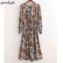 Vintage Floral Print Long Maxi Dress Women O Neck Sleeve Elastic Waist A-line Casual Summer Plus Size Vestido 210514