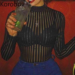 Korobov Summer New Sexy Women Bodysuits Fashion Chic Perspective Long Sleeve Playsuits Striped Stand Collar Jumpsuit 79574 210430