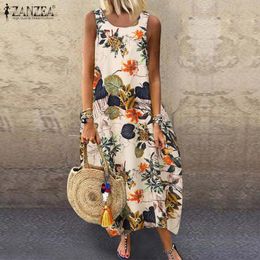 ZANZEA Summer Women Vintage Sleeveless Dress Floral Printed Long Dress Cotton Linen Sundress Baggy Beach Vestido Sarafans 5XL 7 X0521