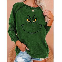 Winter &Autumn Funny Grinch Printed Round Neck Women's Hoodies Long Sleeved Christmas Sweatshirt Fashion Casual Loose Pullovers 211027