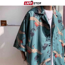 LAPPSTER Mens Crane Print Shirts Harajuku Summer Vintage Button Up Short Sleeve Male Korean Fashions Smooth Blouses 210626