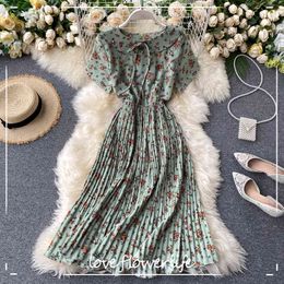 Floral A-line Chiffon Vestidos High Waist Pleated Korean Fashion Summer Dress Dresses Women 210521