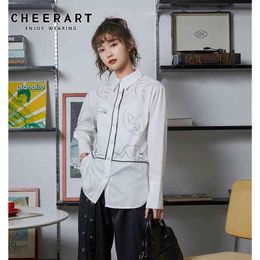 Drawing White Long Sleeve Shirt Women Clothing Fall Tops And Blouses Button Up Collar Fashion 210427