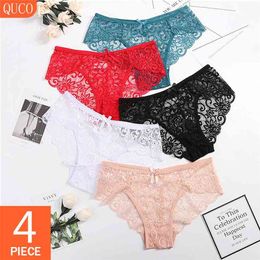 QUCO Brand 4 Pcs/Lot Sexy Underwear Hollow Out Lace Up Thong Panties Elastic Lace Lingerie Transparent Briefs Strings 210730