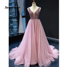 Heavy Beads Pink Long Evening Dresses 2021 Plus Size Lace Up Back Elegant Tulle Prom Gown vestidos Special Occasion Dress Custom