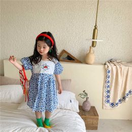 Summer cute patchwork embroidery collar little princess dress for girls cotton floral short sleeve dresses 1-6Y 210615