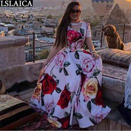 sale party dress print short sleeve big swing elegant maxi floral beaded patchwork fashion streetwear women 210515