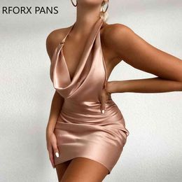 Women Solid Sleeveless Cowl Neck Satin Ruched Party Dress Mini Dress Bodycon Elegant Party Dress X0521