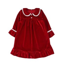 Luxury Velvet Pjs Christmas Girls Nightdress Lace Long Sleeve Kids Sleepwear Baby Nightgown 211130