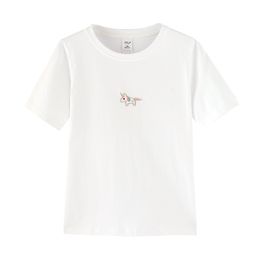 White Tees Top T Shirt Short Sleeve Unicorn Embroidery O Neck Summer B0108 210514