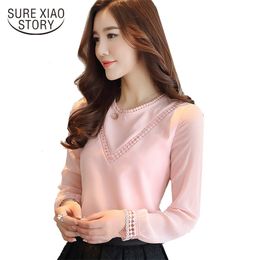 OL shirt spring casual lady long-sleeve chiffon blouse Korean stitching solid Colour lace tops 620G 30 210506