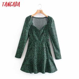 Tangada Women Green Floral Print Dress Square Neck Long Sleeve Ladies Mini Dress Vestidos XN314 210609