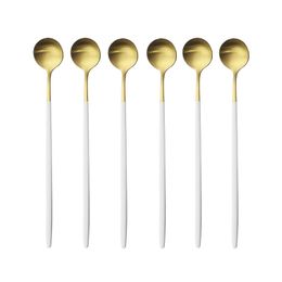 6Pcs White Gold Long Handled Stainless Steel Coffee Spoon Ice Cream Dessert Tea Spoon For Picnic Kitchen Accessories 210317