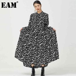 [EAM] Women Black blue Big Size Printing Dress Stand Collar Long Sleeve Loose Fit Fashion Spring autumn 1DD5917 210512