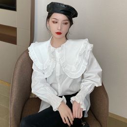 Japan Style Ruffles Peter Pan Collar Tops Camisa Plus Size Spring Women Clothing Blouses Fashion White Shirts 210510