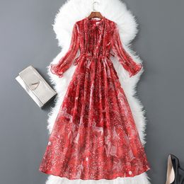 2021 Spring 4/5 Half Sleeve Round Neck Red Floral Print Chiffon Ribbon Tie Bow Ruched Mid-Calf Dress Elegant Casual Dresses MM1782418