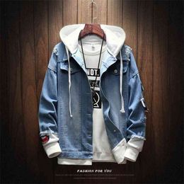 men's jacket spring and autumn fake two pieces patchwork denim hoodie casual hole large size 210811