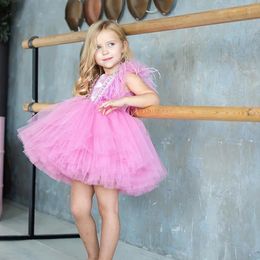 Pink Lace Beaded Flower Girl Dresses Sheer Neck Tulle Little Wedding Communion Pageant 08