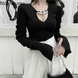 Nomikuma Black Sweater Women Slim Fit V-neck Basic Pullover Sexy Chain Knitted Jumpers Tops Female Autumn High Street 3d652 210514