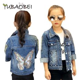 Big Girls Denim Jacket Cardigan Coat kids Jean Outwear Butterfly Embroidery Sequins Children Clothing Spring Clothes 211204