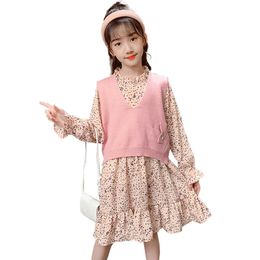 Kids Clothes Vest + Floral Dress Girls Outfits Casual Style Tracksuit Girl Spring Autumn Children's Clothing 6 8 10 12 14 210528