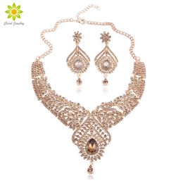 Bridal Jewellery Sets Gold Colour Crystal Party Wedding Costume Accessories Necklace Earrings Set Gifts for Women Indian Jewellery H1022