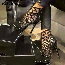 Gladiator Sandals Summer Spring Pointed Toe Studded Cut Out Caged Ankle Boots Stiletto Heel Women Shoes FGG554