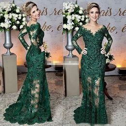 Green Newest Dark Mother of the Bride Dresses Sheer Jewel Neck Lace Appliques Long Sleeve Mermaid Formal Evening Prom Dress