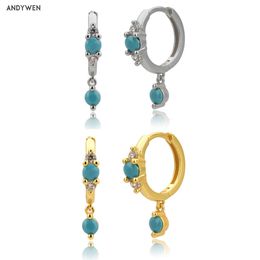 ANDYWEN 100% 925 Sterling Silver Green Drop Earring Slim Rock Punk Jewellery Circle Round Zircon Fashion 210608