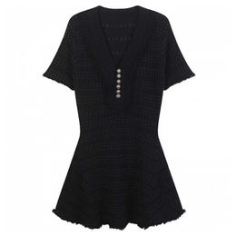 PERHAPS U White Black V Neck Button Knitting Short Sleeve Burr Mini Dress Small Fragrance Summer Elegant D1499 210529