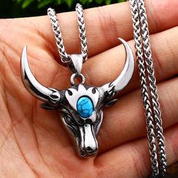 Pendant Necklaces Punk Bull Necklace Men Gold/Silver Colour Stainless Steel Cattle Head With Blue Stone Fashion Hip Hop Jewellery