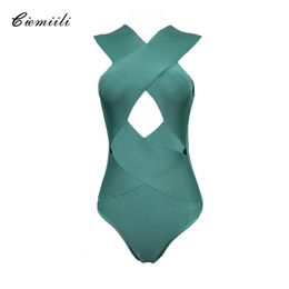 CIEMIILI Women Summer Sexy Solid Sleeeveless Off Shoulder Hollow Out Bodycon Rompers Niglub Bandage Bodysuits Wholesale 210720