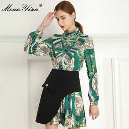 Fashion Designer Set Spring Women's Ruched Ruffles Vintage Print Blouses Tops+Skirt Beautiful Two-piece suit 210524