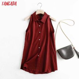 Tangada Women High Quality Retro Red Cotton Linen Shirt Summer Blouse Sleeveless Chic Female Tops 4C122 210609