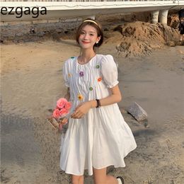 Ezgaga Sweet Puff Short Sleeve Mini Dress Women O Neck Summer New Korean Fashion Loose Solid Ruched Chic Dresses Casual 210430