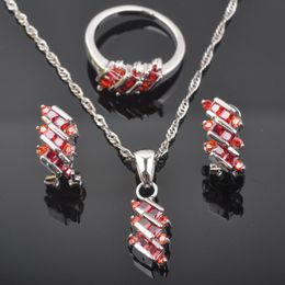 Earrings & Necklace 2021 Red Zirconia Women's Silver Colour Jewellery Sets Ring Set Bridal Party Gift QZ0544