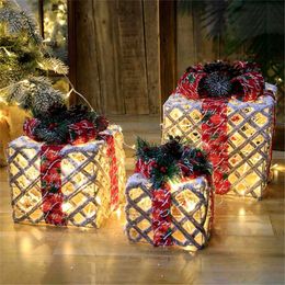 Three-piece Christmas Decoration Gift Box Christmas Tree Ornaments Luminous Iron Art Home Outdoor Christmas Decor with 100leds 211104