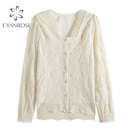 Women Lace Embroidery Elegant Blouse Vintage V Neck Cardigan Rok Shirt Office Ladies Party Loose Tops Chic Ulzzang Blusas 210515