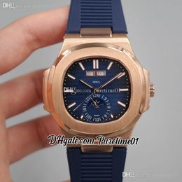 2022 5726 Annual Calendar Moon Phase Automatic Mens Watch Rose Gold Blue Textured Dial Stick Markers Rubber Strap 8 Styles Watches Puretime01 E18RB-e5