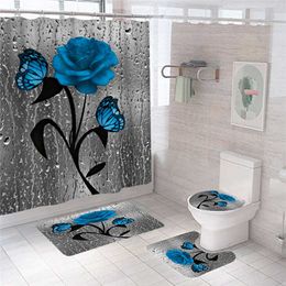 Blue Flower Butterfly Bathroom Non-slip Mat Set Durable Waterproof Shower Curtain Pedestal Rug Lid Toilet Cover Bath Mat Rugs 210712