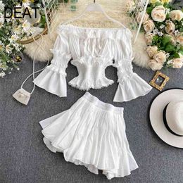 DEAT Spring Summer Long Flare Sleeve Slash Neck Slim Tops Short Mini Pleated Skirt Women Two Piece Set Outfits MI024 210730