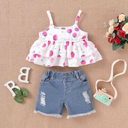 Toddler Children's Set Spring Summer Print Sling Girl Clothes Suit Strawberry Top + Denim Shorts 2PCS Cute Baby 210515