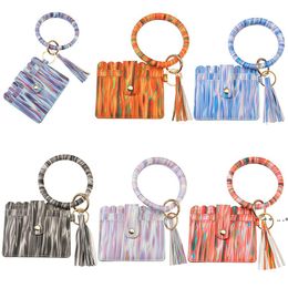 Shiny PU Leather Card Bag Keychains Party Bracelet Keychain Wallet With Tassels String Bangle Key Ring Holder Wristlet Handbag RRF11746