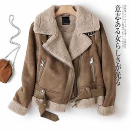 Ailegogo Women Winter Faux Shearling Sheepskin Fake Leather Jackets Lady Thick Warm Suede Lambs Short Motorcycle Brown Coats 211007