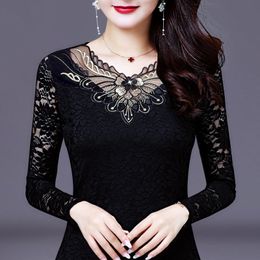 Design Spring Autumn Women Thin Embroidered Lace Bottoming Shirt & Blouses Feminine Long Sleeve Beaded Tops & Shirt Plus Size 5