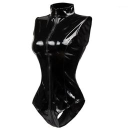 Women's Jumpsuits & Rompers Est Black Crotch Zipper Sleeveless Sexy Spandex Bodysuit Leather Latex Catsuit PVC Jumpsuit Women Short PU Clubw