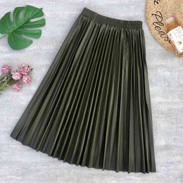 Spring Women's Fashion Elastic Waist Casual Solid Colour Empire Loose PU Leather Pleated A-line Mid-calf Skirt 210427