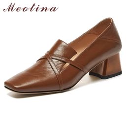 Meotina Cow Leather Women Square Toe Shoes Mid Heel Pumps Chunky Heels Female Dress Shoes Ladies Shoes Spring White Size 41 42 210520